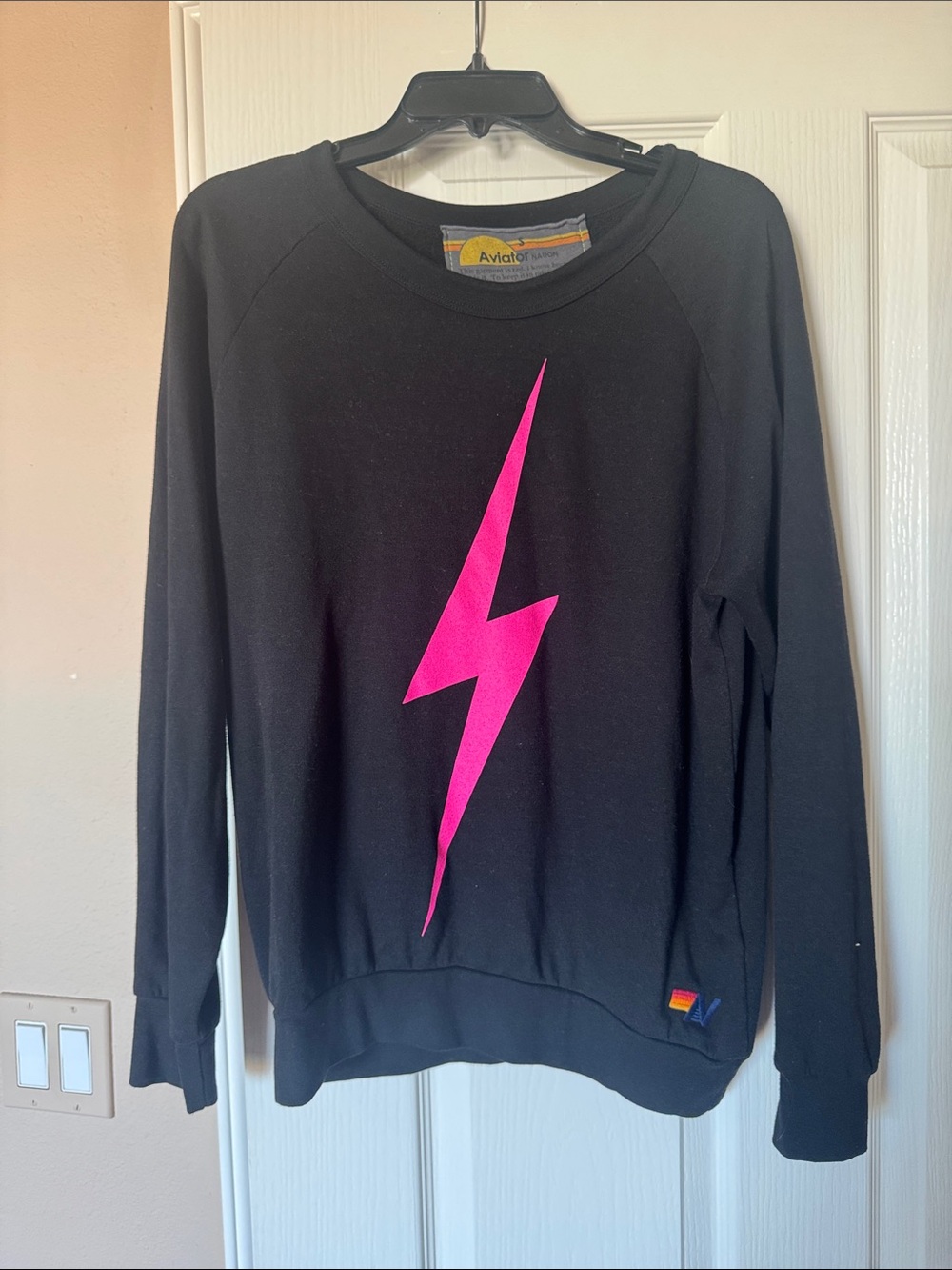Aviator Nation Black Crewneck Sweatshirt Pink Bolt Size Small